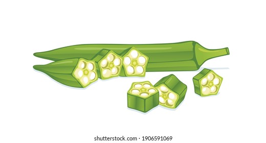 Lady Fingers or green okra and slices isolated on white background.