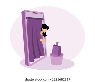 Dame im Ankleideraum, die Kleidung anprobiert. Frauen kaufen Kleidung über Smartphone. Dressing Room Online und Lieferservice Konzept. Vektorflache Illustration in violetten, trendigen Farben