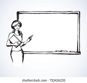 Lady with flip and book explain instruction in office on white billboard backdrop. Outline ink hand drawn picture sketch in art doodle modern style pen on paper. Front closeup view with space for text