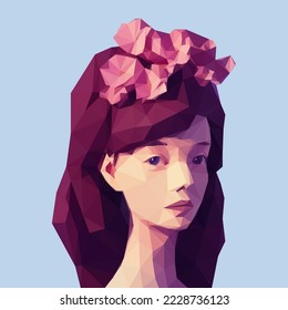 Señora con flores, primavera de polos bajos, retrato animado de verano, chica romántica, sensual con flores en el pelo, peinado femenino, personaje gráfico floral de moda
