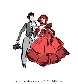 Lady and gentleman in ball outfit standing together. Woman in lush ball gown of red color and hat. Man in top hat and gray tailcoat. Lifestyle of 19th Century. Vintage people. 