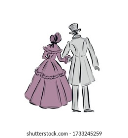 Lady and gentleman in ball outfit standing together holding hands. Woman in lush ball gown of lilac color and hat. Man in top hat and gray tailcoat. Lifestyle of 19th Century. Vintage people.
