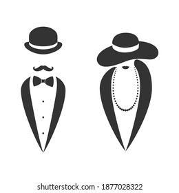 Lady and gentleman graphic icon. Man and woman in hats sign isolated on white background. Fashion symbol. Vector illustration