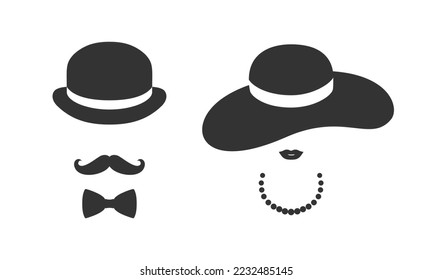 Lady and gentleman graphic icon. Man and woman in hats sign isolated on white background. Vector illustration