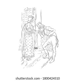 Lady and gentleman. Hand drawn couple in vintage style from the nineteenth century. Retro people. 