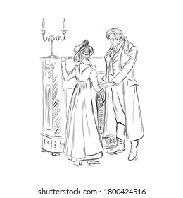 Lady and gentleman. Hand drawn couple in vintage style from the nineteenth century. Retro people. 