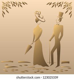 Lady and gentleman on a sentimental walk in the park, symbolic vintage style. Vector