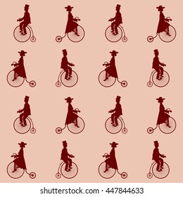 A lady and a gentleman on vintage bicycles, seamless background