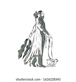 Lady and gentleman in retro style with on pugs dogs on leash walk. Couple man and woman in vintage style from the nineteenth century. Drawing for coloring.
