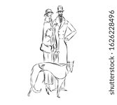 Lady and gentleman in retro style walk with beagle dog on leash . Couple man and woman in vintage style from the nineteenth century. Drawing for coloring.