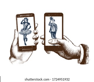 lady and gentleman from smartphone screens greeting each. Hand drawn engraving style pen crosshatch retro vintage vector lineart illustration of the modern smartphone