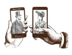 Lady And Gentleman Taking Selfie Template With Hand Holding Mobile With Photo. Hand Drawn Engraving Style Pen Crosshatch Hatching Paper Painting Retro Vintage Vector Lineart Illustration Of The Modern