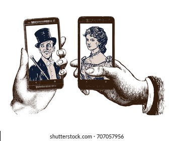 Lady and gentleman taking a selfie. Template with hand holding mobile with photo. Hand drawn engraving style pen hatching paper painting retro vintage vector illustration of the modern smartphone