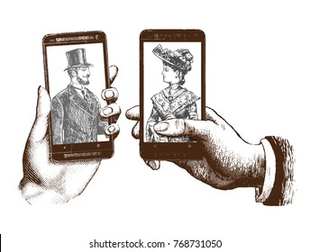 lady   gentleman taking selfie template and hand holding mobile and photo  Hand drawn engraving style pen crosshatch hatching paper painting retro vintage vector lineart illustration the modern