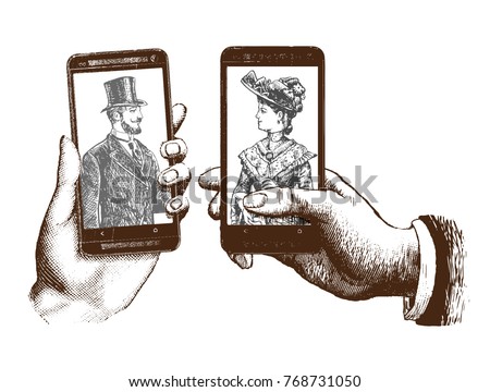 lady and gentleman taking selfie template with hand holding mobile with photo. Hand drawn engraving style pen crosshatch hatching paper painting retro vintage vector lineart illustration of the modern