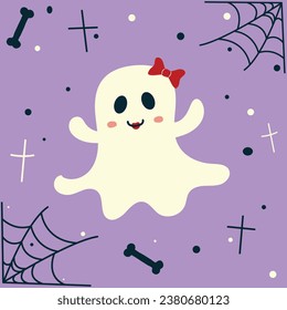 Gente fantasma - lápiz labial, labios rojos, arco rojo, cara linda, fantasma lindo, ilustración de halloween, banner de las vacaciones de otoño, emoción de icono fantasma. Ilustración vectorial.