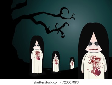 Lady Ghost on Halloween on dark tree and dark background, scary lady ghost vector design