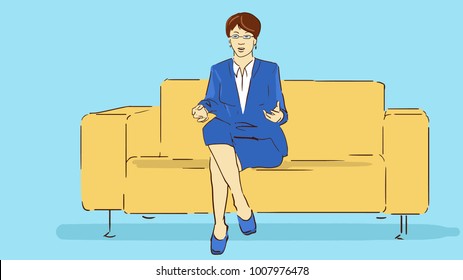 A Lady With Glasses And In A Business Suit Sitting On A Sofa With Crossed Legs. Cartoon Vector Sketch In Pastel Colors.