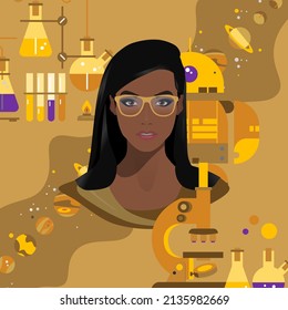 Lady with glasses, science background, woman of color vector illustration