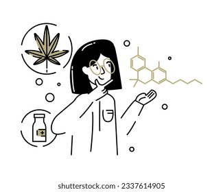 Lady in glasses and white coat looking at chemical formula, making medicine. Development of cosmetic products. Legalize cannabis for medical use concept. Flat line vector illustration in cartoon style