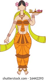 Lady going for Pooja (Worship) carrying Flower, Diya (oil lamp)