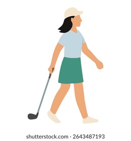 Lady Golfer Walking with Golf Club – Vector Flat Style