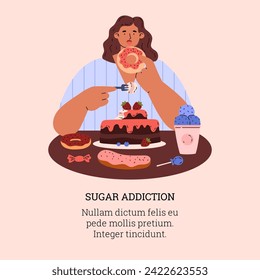 Lady greedily devouring bakery sweets. Sugar addiction vector poster. Cartoon woman eating donut, eclair, milkshake, chocolate cake and desserts. Bad eating habit, eating disorder
