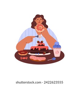 Lady greedily devouring bakery sweets. Cartoon woman eating donut, eclair, milkshake, chocolate cake and desserts. Bad eating habit, eating disorder vector illustration