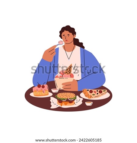 Lady greedily devouring bakery sweets, desserts and fatty fast food. Cartoon woman eating ice cream. Eating disorder, sugar addiction concept. Overeating and obsessive lifestyle vector illustration