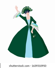 Lady in green dress with peacock mask, Venetian carnival, 18th century, vector illustration
