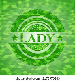 Lady green emblem with triangle mosaic background. Vector Illustration. Detailed. 