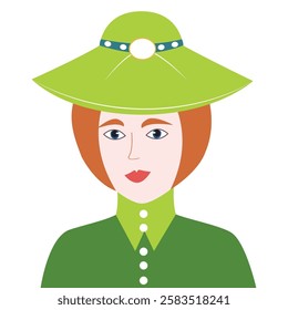 Lady in a green hat and dress with orange hair. Vector illustration.