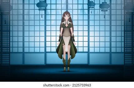 Lady in a green suit with a wooden staff in her hands. Anime girl. Cartoon style, vector.