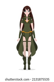 Lady in a green suit with a wooden staff in her hands. Anime girl isolated. Cartoon style, vector.