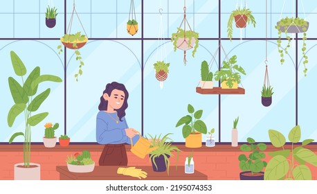 Lady at greenhouse. Cute woman watering plants at home garden, urban tropical jungle crazy hobby houseplant growing care flower cacti succulents decor, vector illustration of lady care for garden