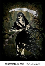 Lady Grim Reaper In Black Forest, Halloween Vip Card Vector Illustration