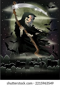 Lady Grim Reaper in city, halloween vip card vector illustration