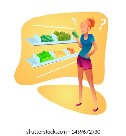 Lady in grocery store flat vector illustration. Young vegetarian, supermarket customer cartoon character. Hesitant vegan, woman choosing fresh vegetables. Healthy lifestyle, organic nutrition