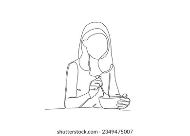 A lady had breakfast. Morning activities one-line drawing
