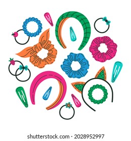 Lady hair accessories. Cartoon hair tie, scrunchies, headband, elastic bands, doodle hair accessory vector cartoon illustration set