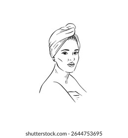 A lady in a hair wrap out of the bath or shower.