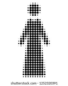 Lady halftone dotted icon. Halftone pattern contains round elements. Vector illustration of lady icon on a white background.
