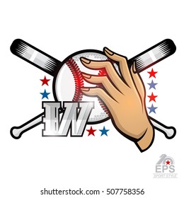 Lady hand hold baseball ball with letter W and cross bat. Sport logo isolated on white for any team or competition