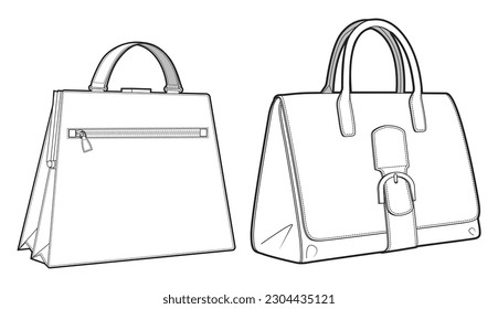 Lady handbag flat sketch fashion illustration drawing template mock up, Top handle kelly bag cad drawing. ladies Handheld bag flat sketch vector