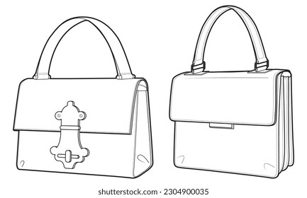 Lady handbag flat sketch fashion illustration drawing template mock up, Top handle kelly bag cad drawing. ladies Handheld bag flat sketch vector