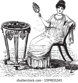 A lady with handheld fan sitting on chair, vintage line drawing or engraving illustration