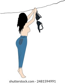 Lady hangs the laundry, girl hangs her inner wear, bra on a washing line vector illustration. 