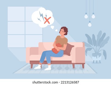 Lady happy about menstrual pain relieving flat color vector illustration. Women health. Premenstrual syndrome. Fully editable 2D simple cartoon character with living room on background