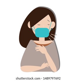 Lady has flu with cover mouth with mask on white background. Vector illustration in cartoon style.