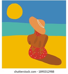 señora en el sombrero y bikini sentada en la playa en la ilustración del vector costero